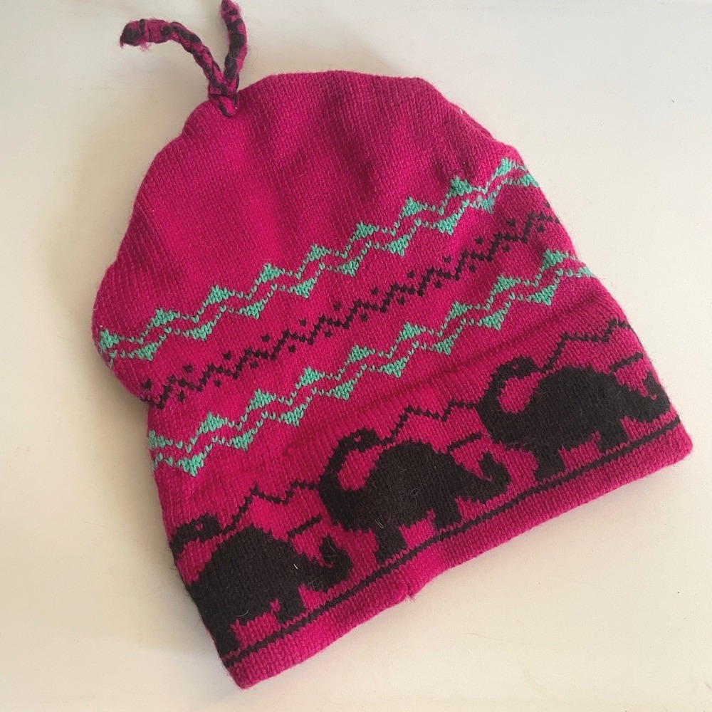 Mountain‎ Rose Lake Placid 100% Wool Knit Beanie Hat Cap Dinosaur Handmade Pink